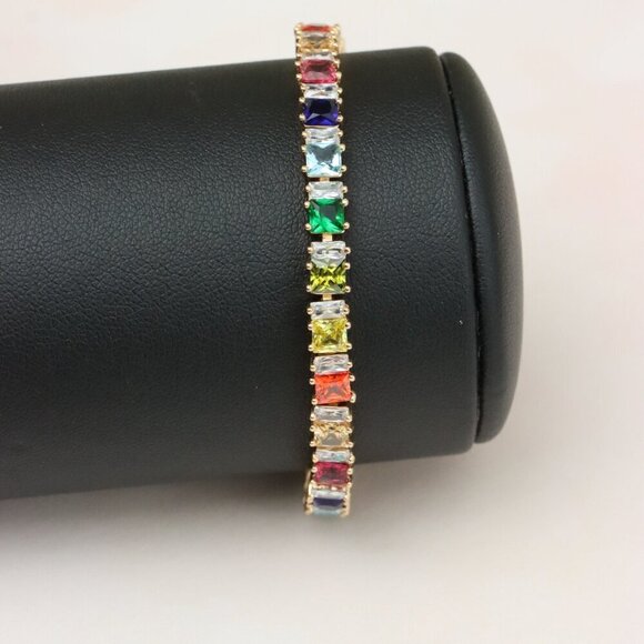 "Rainbow CZ Rose Gold Bracelet with Square Cut Stones, Vibrant Style, XPBL0742 - Picture 7 of 12